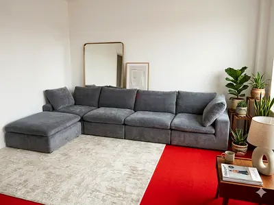 Dark gray color pan home pianca feather 🪶 filled modular sofa with ottoman