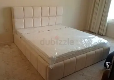 Beige Upholstered Double Bed with Headboard  with spring Mattress