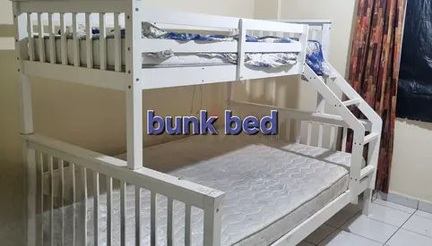 White Wooden Bunk Bed with Side Stairs — Double on Bottom, Single on Top