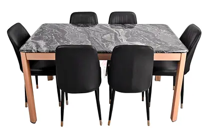 6-Seater Dining Table Set with Black Marble Top and Upholstered Chairs