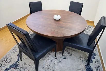 Crate And Barrel Solid Wood Round Dining Table With Adjustable Height And West Coast Leather Chairs