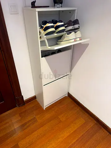 Slim White Shoe Cabinet with Mirror - 3 Drawer, Space-Saving