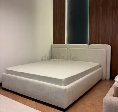 Upholstered King Size Platform Bed with Headboard - Light Beige