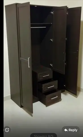 Dark Wood 3-Door Wardrobe with Drawers - Good Condition