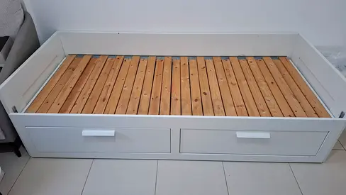 White Single Daybed with Underbed Storage - Solid Wood Slats