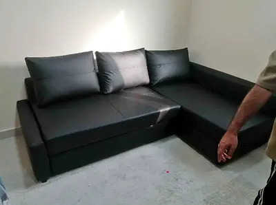 Black L-shaped Faux Leather Sofa bed Corner