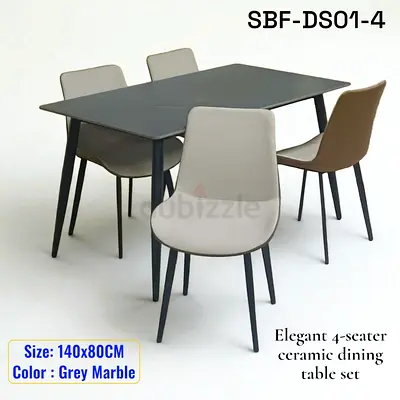 Elegant 4-Seater Ceramic Dining Table Set - Grey Marble (140x80cm)
