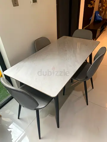 Modern Marble-Top Dining Table with 4 Grey Chairs