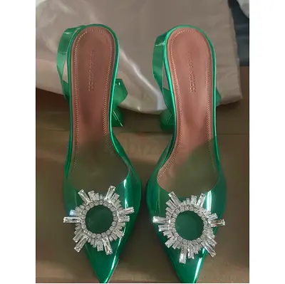 Authentic Amina Muaddi Green patent pointed mules with crystal brooch Size 40