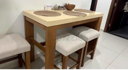 Solid Wood Kitchen Island with 4 Upholstered Stools - Compact Breakfast Bar