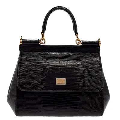 Authentic Dolce  Gabbana Black Lizard Embossed Leather Small Miss Sicily Top Handle Bag
