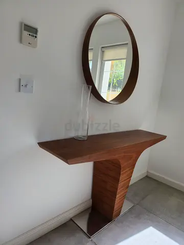 Wall-mounted wooden console table with round mirror