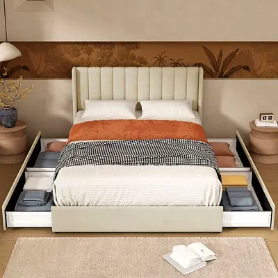 UAE: Modern Upholstered Storage Bed with Side Drawers (Queen) - Light Beige