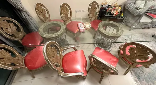 Glass Top Dining Table with 6 Ornate Red-Upholstered Chairs