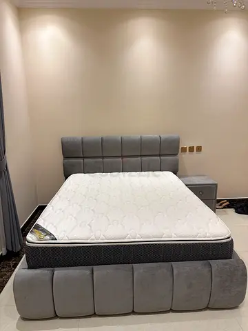 Queen Size Bed Frame with Mattress And Bedside- Grey