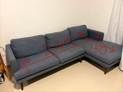 Right-facing 3-seater L-shaped Sofa with Chaise - Blue/Grey, Good Condition