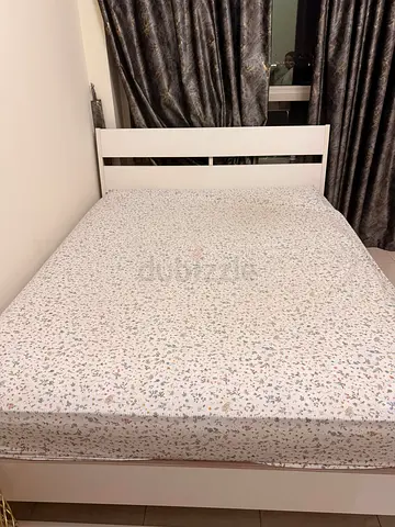 White Wooden Double Bed(queen size) with Mattress (Good Condition)