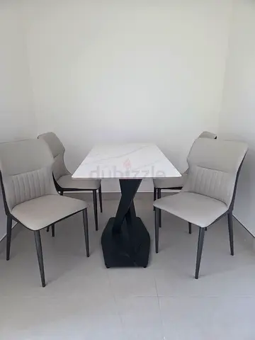 Compact 4-Seater Dining Set with Marble Top Table and Grey Upholstered Chairs