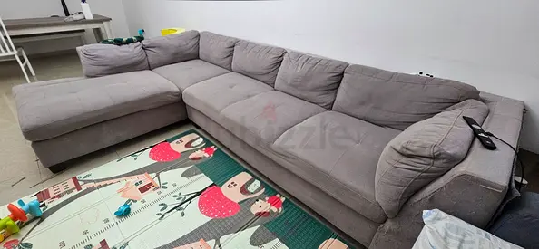 Two Large Grey L-Shaped Fabric Sofa — Left Chaise, Comfortable Cushions