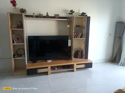 Wood Finish Entertainment TV Unit with Shelves - Good Condition