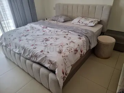 Beige Upholstered King Bed with Headboard and Storage Base + Mattress