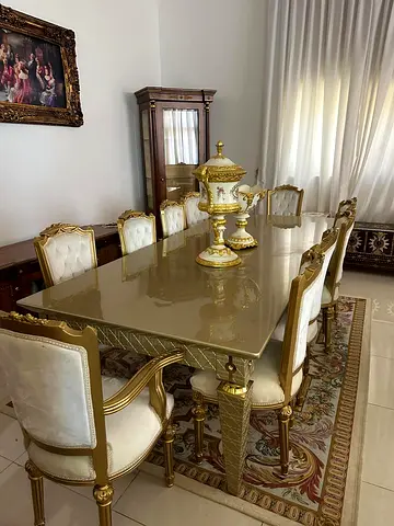 Classic Gold Trim Dining Table with 10 Upholstered Chairs (Full Set)