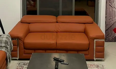 Brown Leather 2-Seater Sofa with Adjustable Headrests plus single seater as well