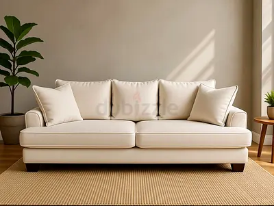 The One Modern 3- Seater Beige Fabric Sofa with Plush Cushions