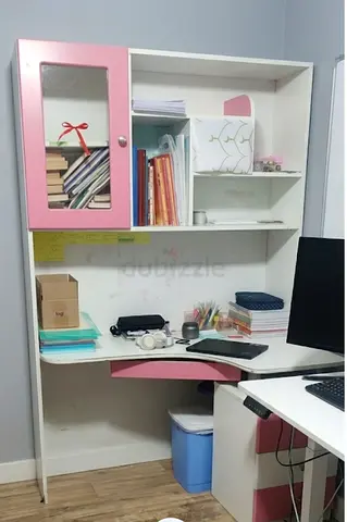 Two study leave table for White and Pink Study Desk with Overhead Shelves and Cabinet