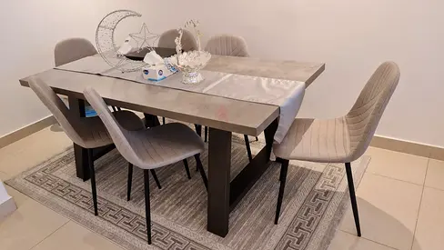 Modern 6-Seater Dining Table with Fabric Chairs, very clean still like new