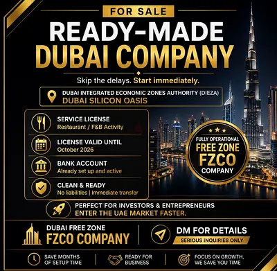 Ready-made Dubai Free Zone FZCO Company for Sale - Restaurant / FB License (Dubai Silicon Oasis