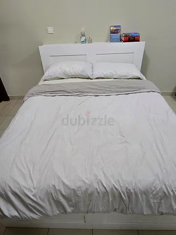 White Wooden Queen Bed with Headboard and Storage