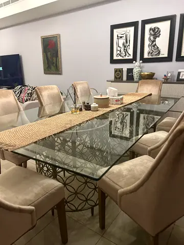 Caracole Dining Table with 8 Beige Velvet Chairs from THE ONE