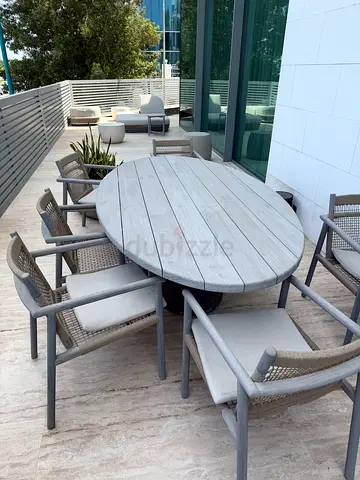 Outdoor round dining table with 6 chairs - weathered grey set