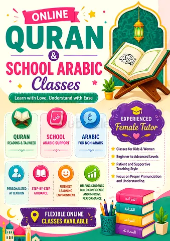 ONLINE QURAN AND SCHOOL ARABIC CLASSES TAKEN BY AN EXPERIENCED LADY TEACHER.