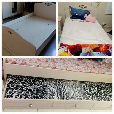 Single Wooden Bed with pullover bed and two mattress - pink  white , Good Condition