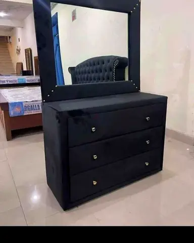 Black Upholstered Dresser with Mirror — 3 Drawers