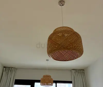 Pair of Woven Rattan Pendant Ceiling Lamps - Natural Finish