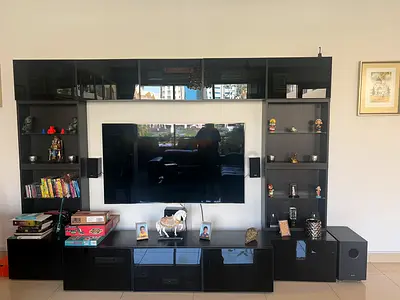 IKEA Black High-Gloss Entertainment Center with TV Unit and Shelving. Durable. As good as new