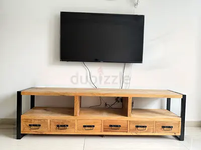 Solid Wood TV Unit with Drawers and Metal Frame - Rustic Modern