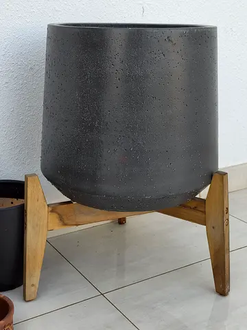 Large Black Ceramic Planter on Wooden Stand