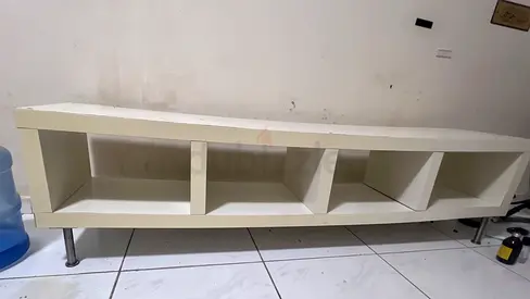 Low white TV cabinet / media console with open shelves