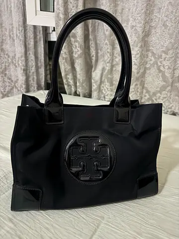 Black Tory Burch nylon tote bag with patent handles - gently used