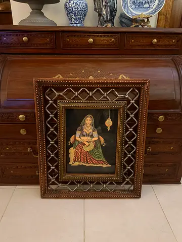 Framed Traditional Indian Miniature Painting in Ornate Wooden Frame