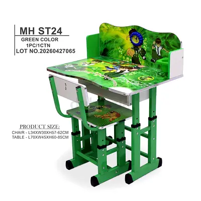 Green Adjustable Kids Study Desk and Chair Set - Cartoon Design