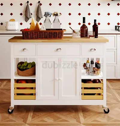 White Wooden Kitchen Island Cart with Wheels and Storage