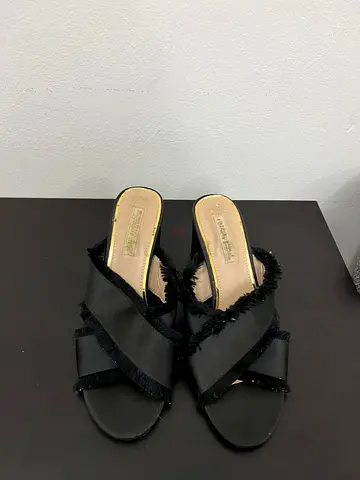 Black Womens Slip-On Heeled Sandals, Lightly Used