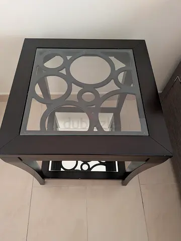 Dark Wood Side Table with Glass Top and Lower Shelf