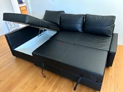 Black Leather Corner Sofa Bed with Storage — Convertible L-Shaped Sofa
