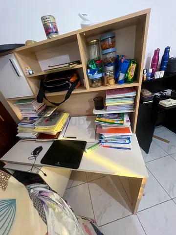 Used Corner Study Desk with Shelves – Light Wood Finish